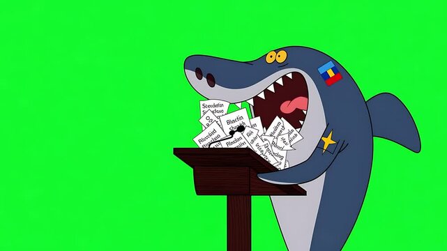 Cartoon Shark Devouring Documents at Podium, Green Screen