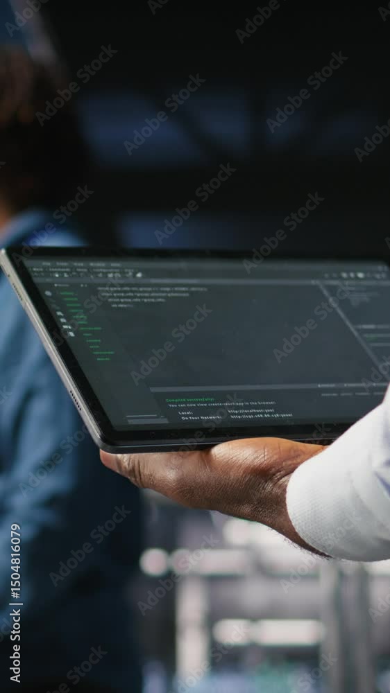 Poster vertical video close up of data center admin using tablet to reviewing machine learning code dashboa