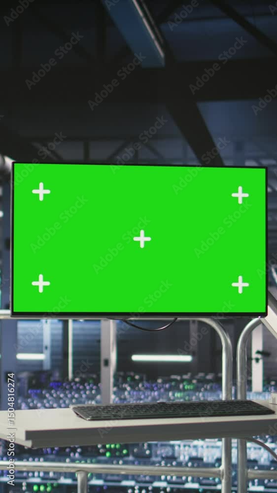 Poster vertical video mockup computer in high tech industrial data center used for ai system monitoring and