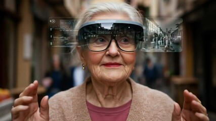 Elderly woman with augmented reality glasses - Powered by Adobe