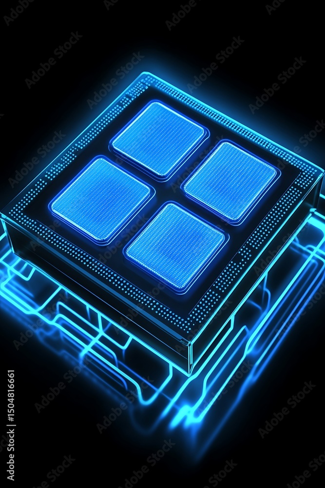 Poster processor unit with neon glow, illustrating advanced computing technology
