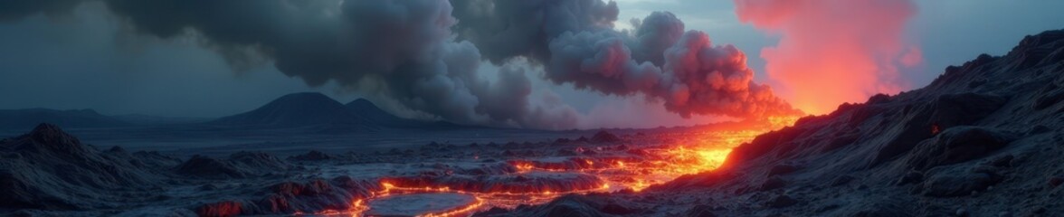 Dense grey smoke billows over fiery orange lava flow , hellish, photography