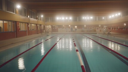 Fototapeta premium Indoor swimming pool with lane markers and ambient lighting