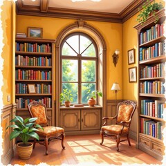 A cozy, sunlit home library with classic armchairs, tall bookshelves, houseplants, and a large arched window overlooking greenery.