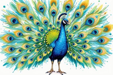 Fototapeta premium A vibrant peacock displays its colorful, fully fanned feathers in a stunning, artistic illustration.