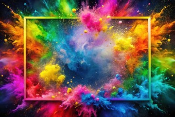 Vibrant Rainbow Powder Explosion with a Golden Rectangular Frame A Festive and Energetic Composition for Design Projects