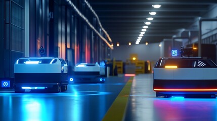 Futuristic Automated Guided Vehicles Navigating a Modern Warehouse Space