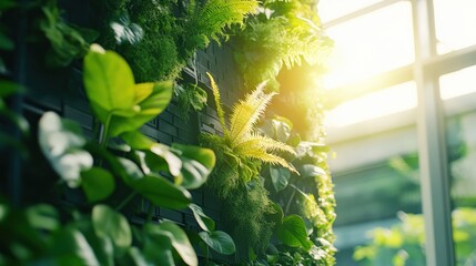 Vibrant indoor vertical garden with sunlight streaming through greenery