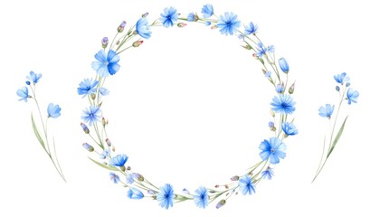 Watercolor wreath of wild blue flowers and grass elements, circular floral frame, soft pastel palette, isolated on white