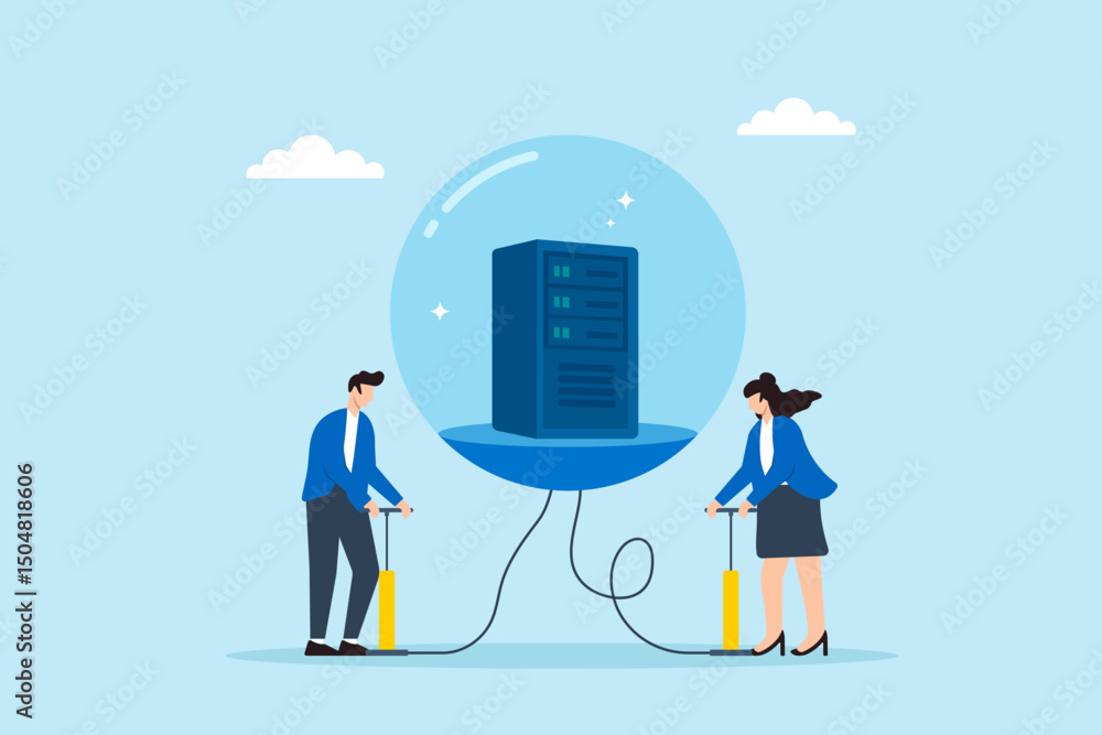 Poster flat illustration of two people inflating protective bubble around server to block cyber threats wit