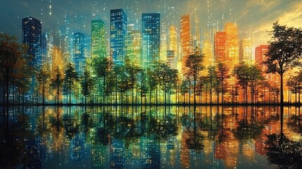 Vibrant City Skyline Reflected in Water at Dusk with Lush Trees