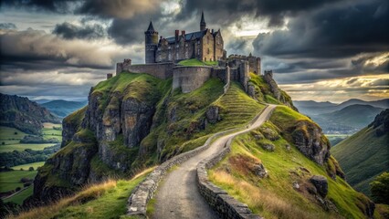 Fototapeta premium A Majestic Hilltop Castle with a Winding Stone Path, Under a Dramatic Sky