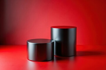 Sleek black cylindrical forms on a vibrant red backdrop, ideal for showcasing products or designs, offering a modern and minimalist aesthetic.