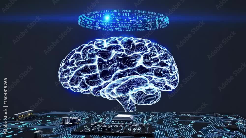 Poster futuristic video concept of a glowing digital brain hovering over a circuit board, viewed from a low