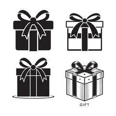 Gift Box with Ribbon and Sparkles Silhouette – Black and White Vector Icon