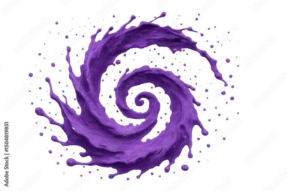 Poster purple liquid spiraling dynamically in symmetric vortex, transparent background highlighting fluid m
