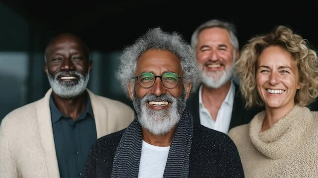 senior man and woman. Four diverse individuals all displaying genuine smiles.