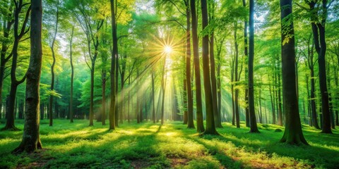 Obraz premium Sunbeams filtering through a vibrant, verdant forest canopy, illuminating the lush undergrowth with a magical golden light