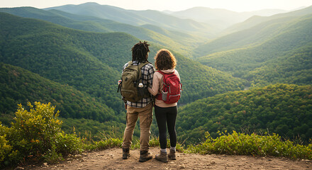 Fototapeta premium Adventurous Couple Admiring Mountain Vista Backpacks and Scenic View