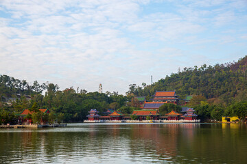 Beautiful view of the Chinese temple on the lake, the New Yuanmingyuan Park, Zhuhai, China.