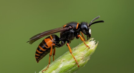 Stunning Macro Photography of a Black and Orange Wasp Perched on a Green Stem