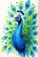 Fototapeta premium A vibrant, artistic illustration of a blue peacock with its colorful tail feathers beautifully fanned out.