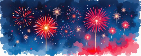 Fototapeta premium Vibrant fireworks burst in the night sky, creating a festive and colorful celebration against a deep blue background.