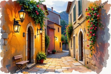 Obraz premium A charming, sunlit alley in a European village with colorful buildings, lush flowers, lanterns, and a bench invites peaceful exploration.