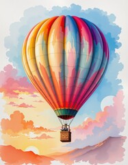 Fototapeta premium A colorful hot air balloon floats above clouds and mountains at sunrise, creating a dreamy, scenic sky adventure.