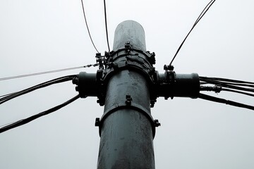 Vertical view of utility pole with power lines against overcast sky