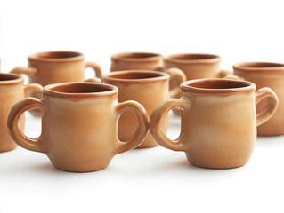 A set of hand-thrown ceramic mugs, isolated on a white surface, with unique handles and no shadow.