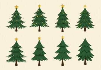 Arrangement of eight festive evergreen holiday trees with star toppers