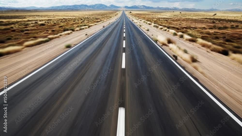Poster aerial view of an endless desert highway, creating a sense of adventure and freedom. ideal for a tra
