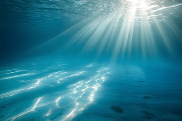 Sun rays illuminate the deep blue ocean, reflecting on the waves and sky at the horizon, showcasing nature's beauty and heavenly light