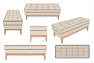 Bedroom Bench. 3d Vector images are produced from the auto tracing process. View from Perspective, front, top, side
