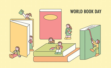 Happy World Book Day! Kids enjoying reading adventures with giant colorful books.