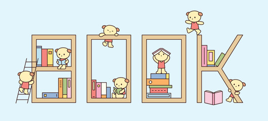Cute bear characters playing and reading around bookshelves shaped like the word BOOK