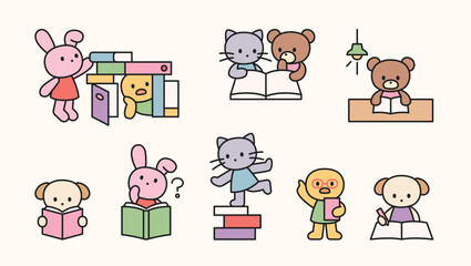Cute animal characters reading, writing, and learning with books in playful and curious poses.
