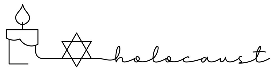 Holocaust memory candle one line icon with caption. Continuous line. Flat vector illustration isolated on white