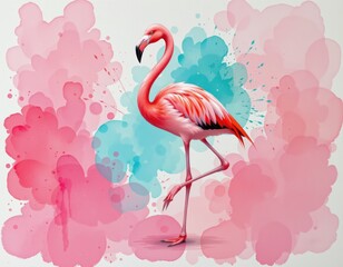 Fototapeta premium A vibrant flamingo stands gracefully amid abstract pink and blue watercolor splashes.