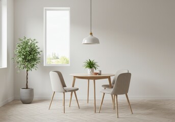 A view of a dining area with a round table and chairs in a bright environment