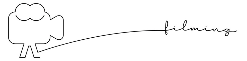 Filming, camera one line icon with caption. Continuous line drawing style. Footer, header. Vector illustration isolated on white background.
