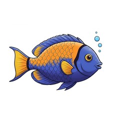 Naklejka premium Vibrant Blue and Orange Fish Illustration: A Detailed Cartoon Depiction of an Aquatic Creature with Bubbles