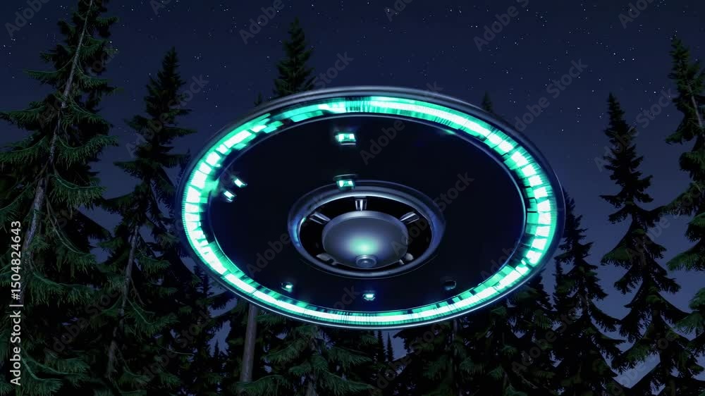 Poster aerial video shot of a glowing ufo hovering above a forest at night, capturing a mysterious and futu