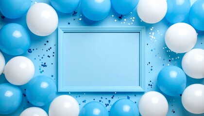 soft blue and white balloons with confetti, Blank soft blue frame for text or logo