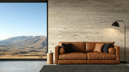 Modern living room with panoramic mountain view.
