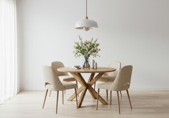 A view of a round wooden table with chairs and flowers in a bright setting