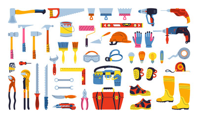 Building tools construction equipment set cartoon illustration. Hardware for repair works construction industry collection. Tools for home repairs tool box kit mechanic plumber service isolated vector