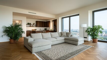 Light-colored sectional sofa in a modern living room with city views.