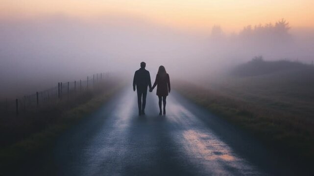 Foggy road walk for two
